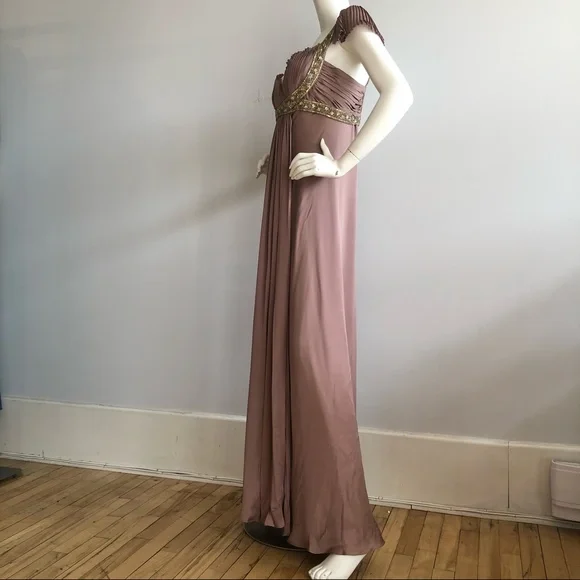 Marchesa Mauve Sequin Bugle Bead Silk Pleated Gown - Picture 2 of 7